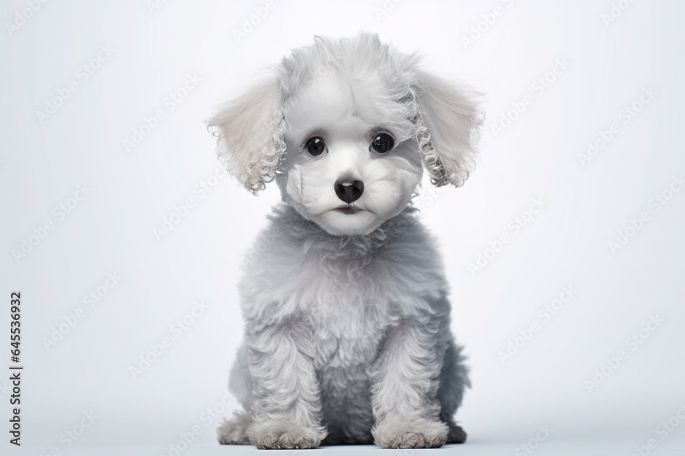 Generative AI : Cute little Poodle dog on blue background in studio Generative AI : Cute little Poodle dog on blue background in studio