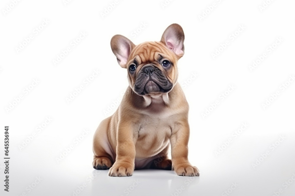 Generative AI : Cute little Bulldog dog on blue background in studio