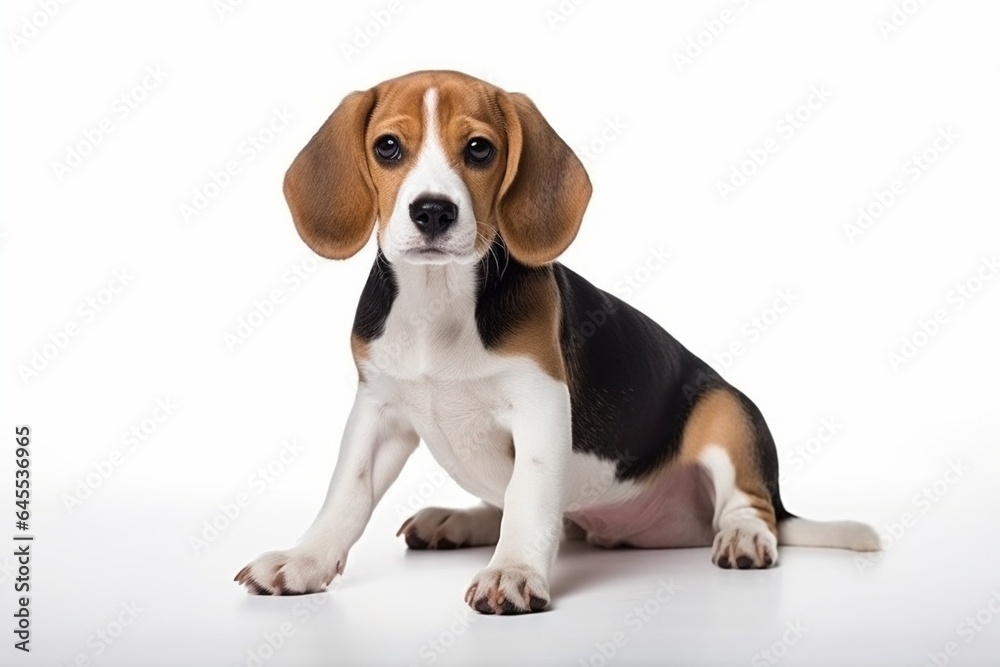 Generative AI : Cute little beagle dog on blue background in studio Generative AI : Cute little beagle dog on blue background in studio
