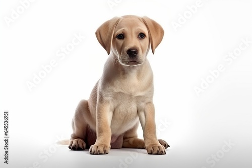 Generative AI   Cute little Labrador Retriever dog on blue background in studio