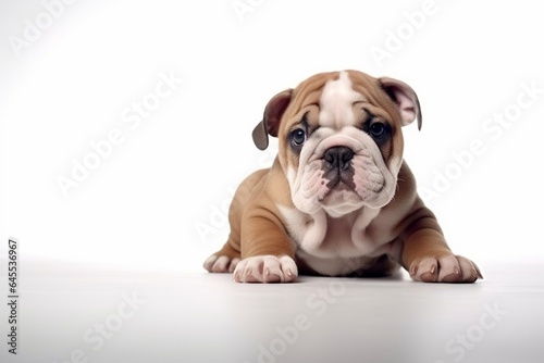 Generative AI : Cute little Bulldog dog on blue background in studio