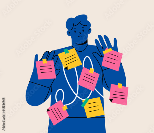 Man with sticky notes all over him. Post it. Colorful vector illustration