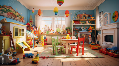 A dynamic play area adorned with a multitude of colorful toys