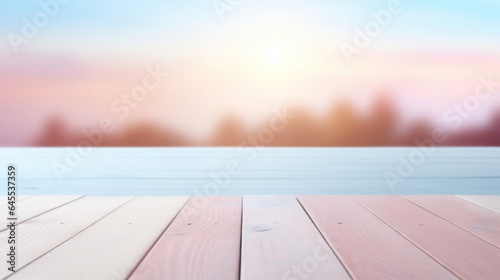 Empty white wooden table top with blur background of restaurant, blue, pink , orange pastel light colors