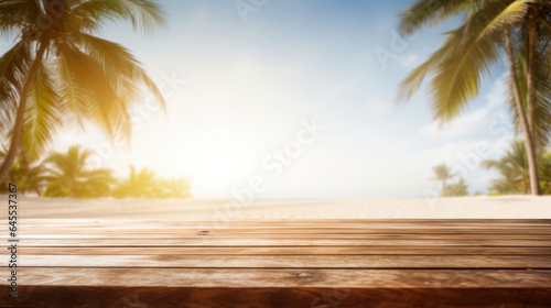 Empty wooden table top with bokeh on blur beach background © red_orange_stock