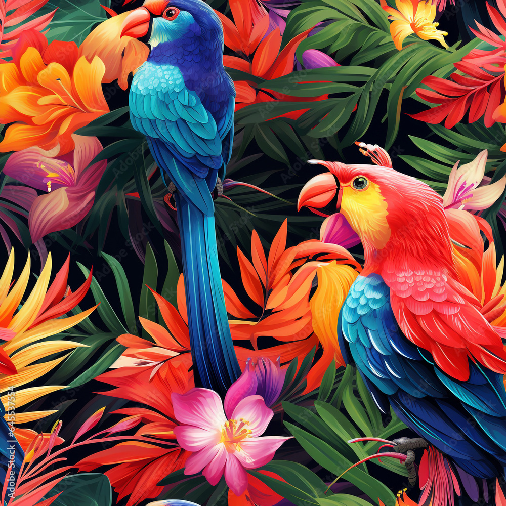 Obraz premium tropical birds bright plumage colors seamless, pattern, texture, background
