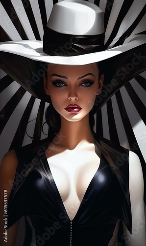 closeup woman wearing hat dress urban sleek mistress girl necromancer bust long neck huntress pinup baleful