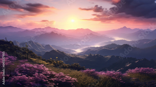 The stunning splendor of a sunset casting its warm light upon the mountains © vectorizer88