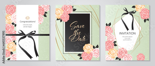 バラとリボンでデザインされた結婚式のイラストレーション、お祝いの招待状、お祝いカードセット