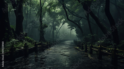 the forest walkway on a misty morning  creating a mystical atmosphere
