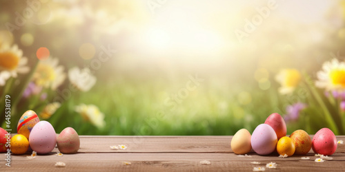Wooden table with easter eggs and blurred spring meadow background