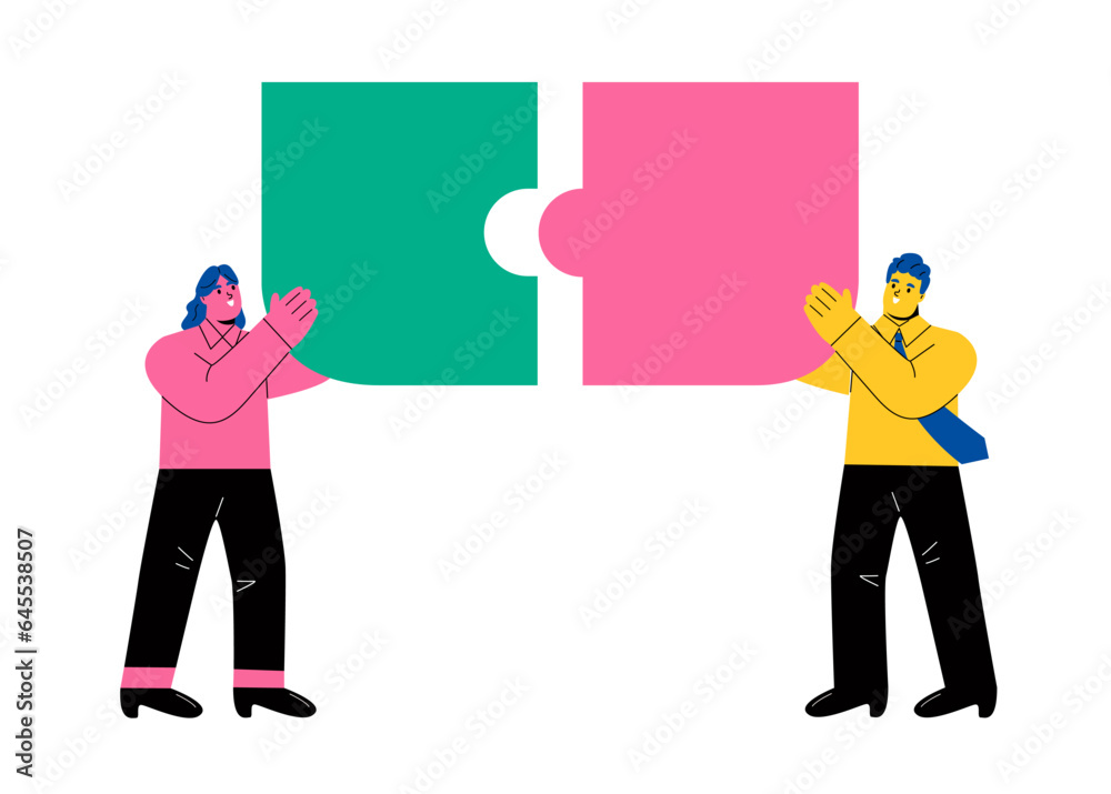 Obraz premium Business teamwork together people connect puzzle elements. Flat vector illustration isolated on white background