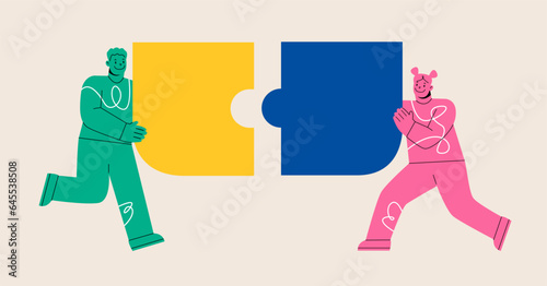 Business teamwork together people connect puzzle elements. Colorful vector illustration