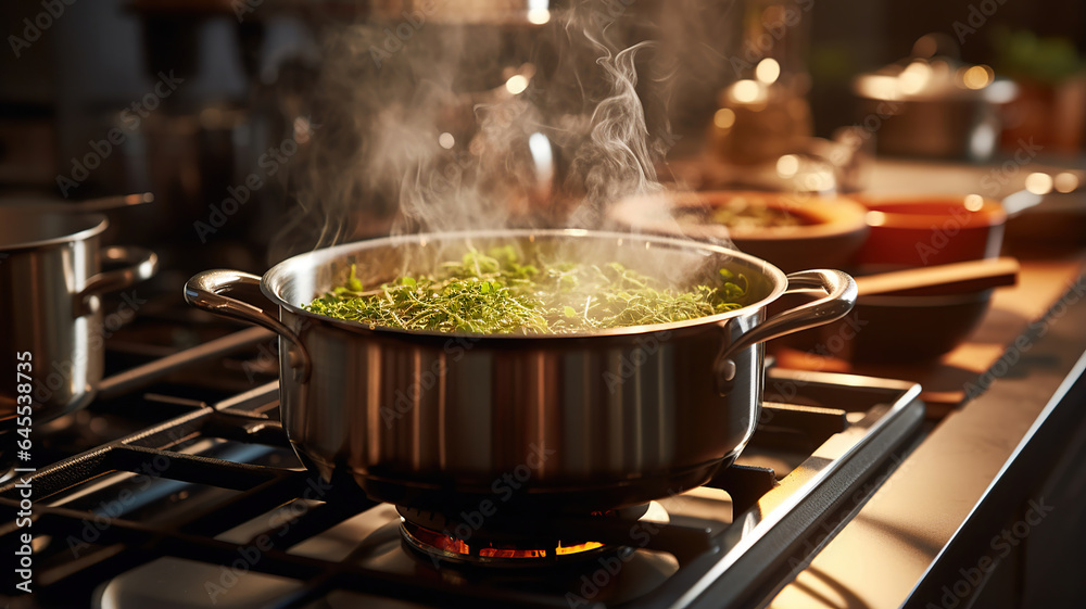 A pot of soup is being stirred with steam rising in a bright white kitchen A pot of soup is being stirred with steam rising in a bright white kitchen