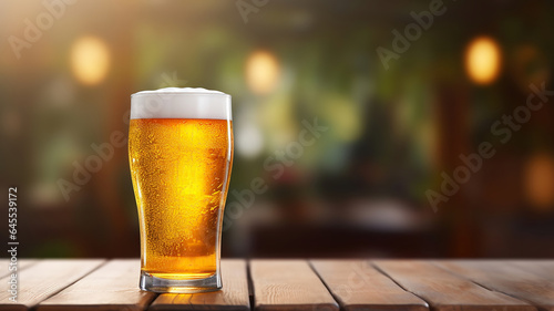 A glass of beer on a table with a rustic, blurred background