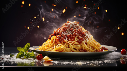 A hot serving of classic Bolognese spaghetti topped with a flurry of grated Parmesan cheese, set against a blurred backdrop