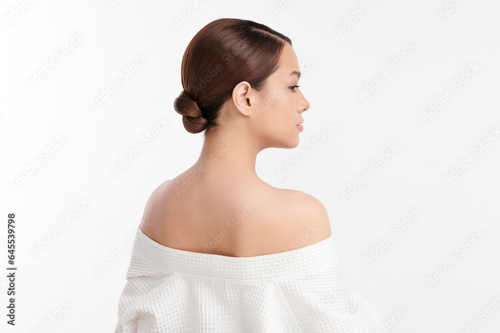Beautiful young asian woman back view with clean fresh skin on white background, Face care, Facial treatment, Cosmetology, beauty and spa, Asian women portrait. Beautiful young asian woman back view with clean fresh skin on white background, Face care, Facial treatment, Cosmetology, beauty and spa, Asian women portrait.