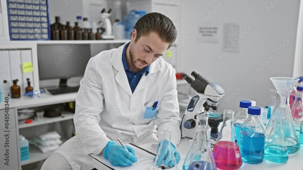 Young hispanic man scientist writing report smiling at laboratory Young hispanic man scientist writing report smiling at laboratory
