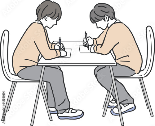 友達と一緒に勉強をする男子生徒のイラスト素材