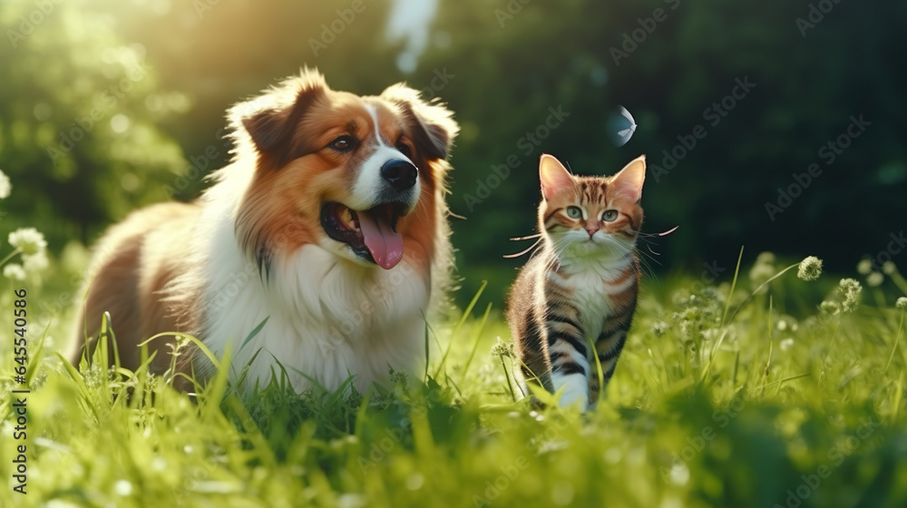 couple of friends a cat and a dog run merrily through a summer flowering meadow. couple of friends a cat and a dog run merrily through a summer flowering meadow.