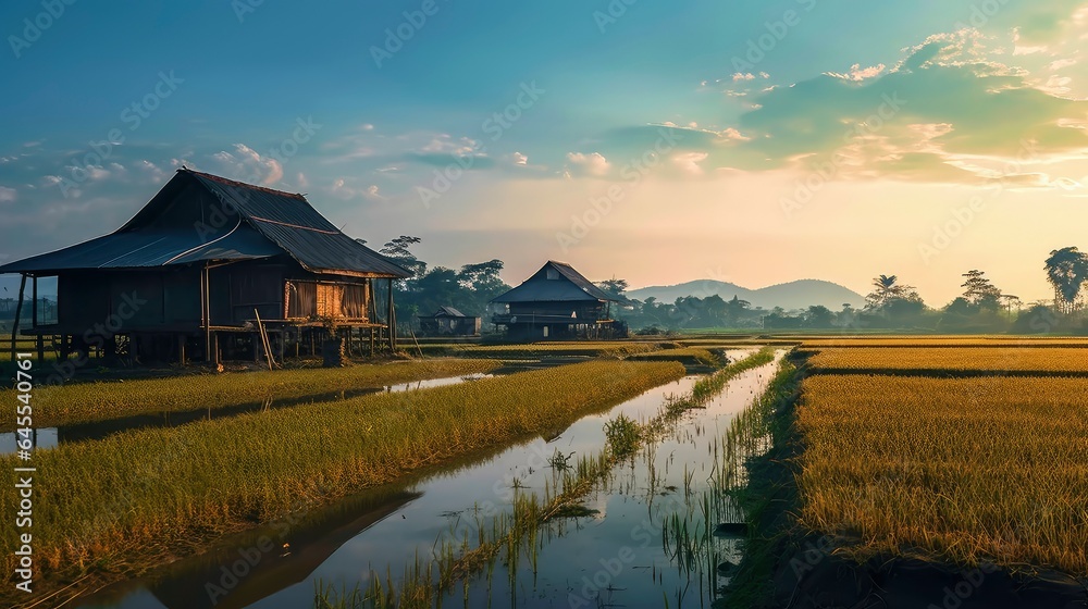 Fototapeta premium Rice field morning with a hut