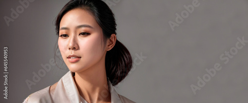 Bela mulher com traços asiáticos, pele linda e macia, foto própria para comercial de produtos de beleza photo