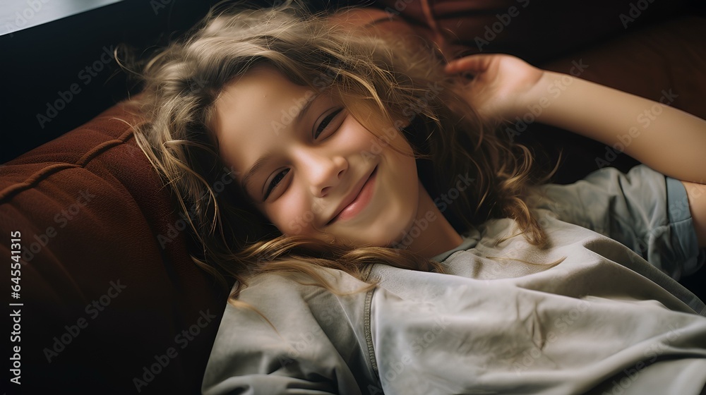 Smiling little young girl enjoying day off lying on the couch. healthy life style, good vibes and new home concept. generative AI - obrazy, fototapety, plakaty 