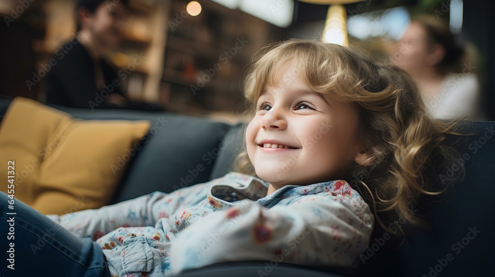 Smiling little young girl enjoying day off lying on the couch. healthy life style, good vibes and new home concept. generative AI Smiling little young girl enjoying day off lying on the couch. healthy life style, good vibes and new home concept. generative AI