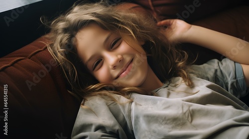 Smiling little young girl enjoying day off lying on the couch. healthy life style, good vibes and new home concept. generative AI