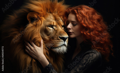 woman kissing a lion head on dark background
