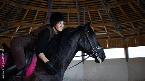 Equestrian sports. A young woman in the saddle, a rider and her horse in the arena, dressage horse
