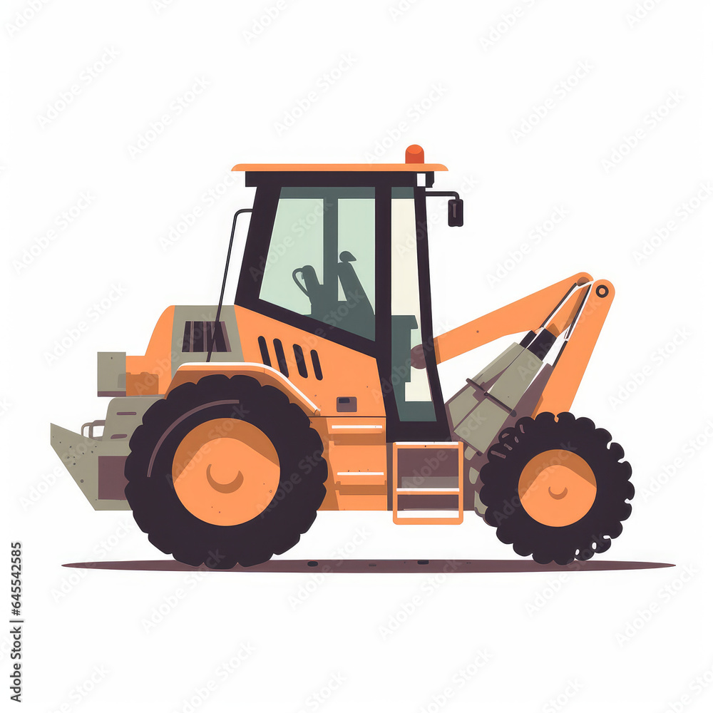 Articulated loader, 2D, simple, flat vector, cute cartoon, illustration, construction equipment, child-friendly, educational materials, whimsical graphics, charming design, lovable, playful.