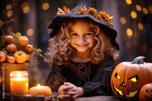 Happy girl smile on Halloween, Funny kid in carnival costume with candles pumpkins on dark background