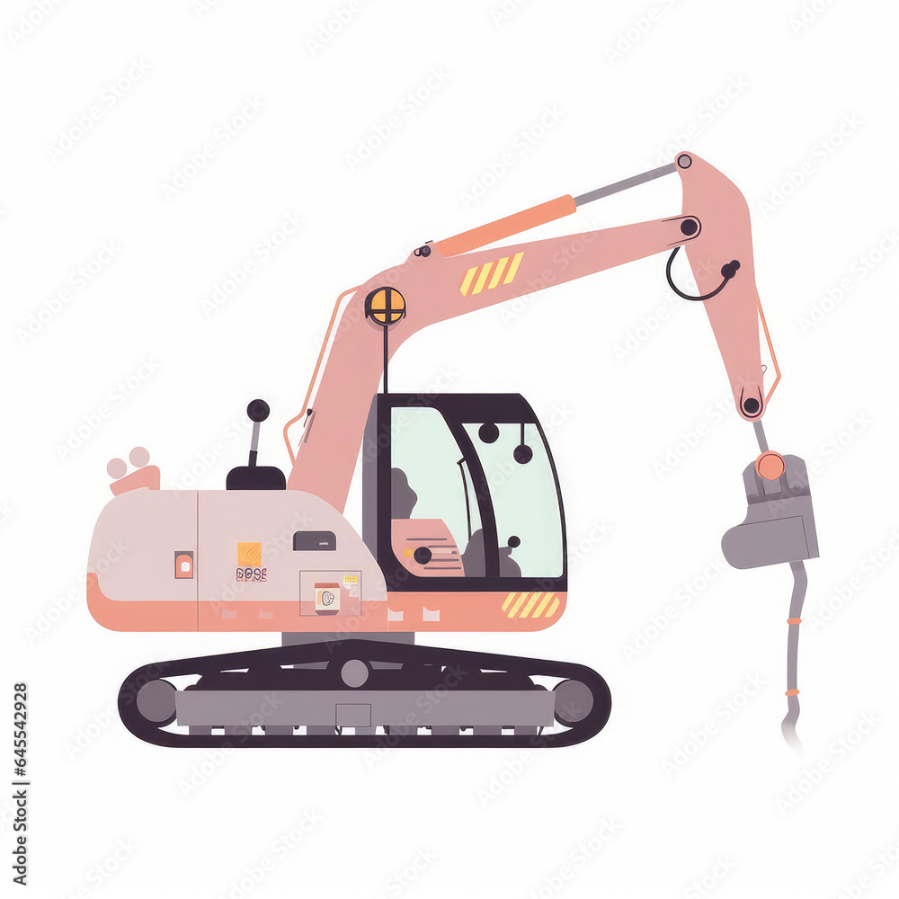 Demolition excavator, 2D, simple, flat vector, cute, illustration ...