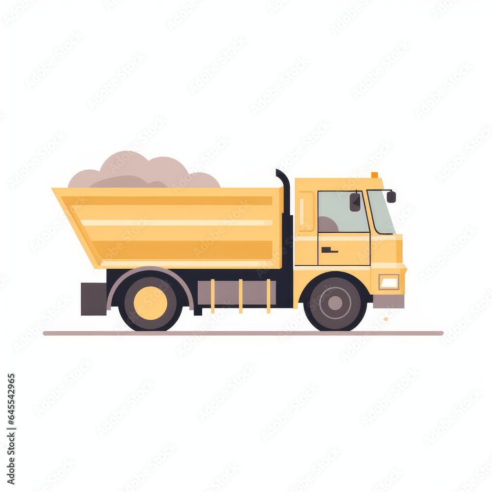Dump truck, 2D, simple, flat vector, cute cartoon, illustration, heavy machinery, child-friendly, educational materials, whimsical graphics, charming design, lovable, playful.