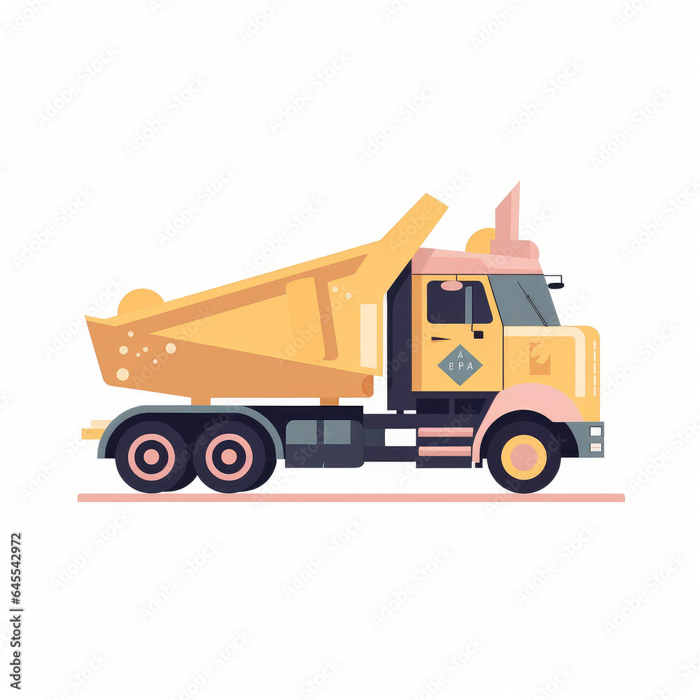 Dump truck, 2D, simple, flat vector, cute cartoon, illustration, heavy machinery, child-friendly, educational materials, whimsical graphics, charming design, lovable, playful. Dump truck, 2D, simple, flat vector, cute cartoon, illustration, heavy machinery, child-friendly, educational materials, whimsical graphics, charming design, lovable, playful.