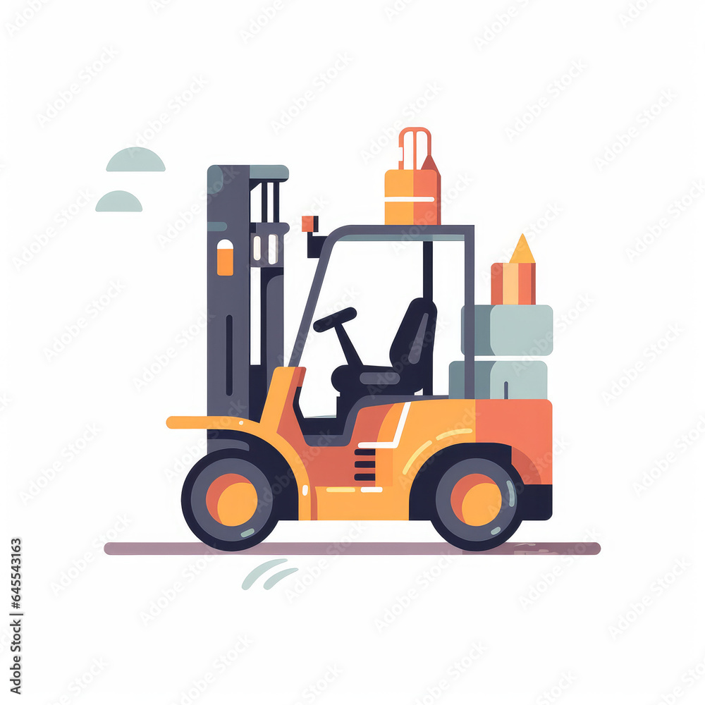 Forklift, 2D, simple, flat vector, cute cartoon, illustration, industrial equipment, child-friendly, educational materials, whimsical graphics, charming design, lovable, playful. Forklift, 2D, simple, flat vector, cute cartoon, illustration, industrial equipment, child-friendly, educational materials, whimsical graphics, charming design, lovable, playful.