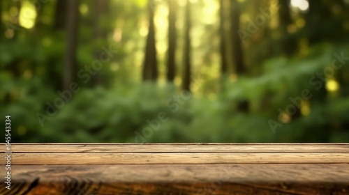 Wooden desk with forest background. Copy space. Space for text