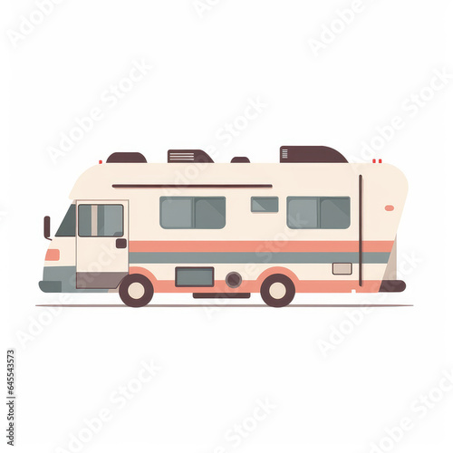 RV, 2D, simple, flat vector, cute cartoon, illustration, recreational vehicle, child-friendly, educational materials, whimsical graphics, charming design, lovable, playful