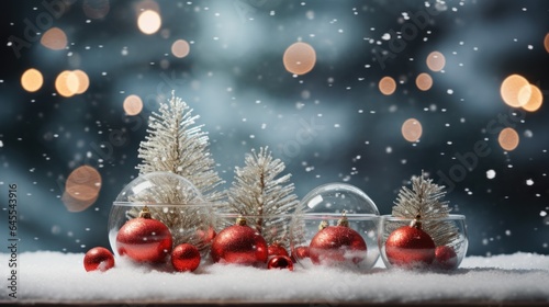 Beautiful Christmas snowy background Christmas tree decorated with red balls © sirisakboakaew