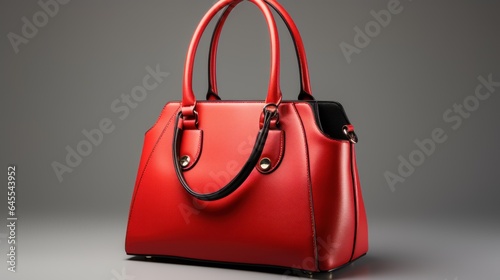 Beautiful status trendy smooth women's handbag in red black color on a light studio background