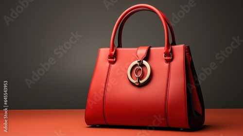 Beautiful status trendy smooth women's handbag in red black color on a light studio background