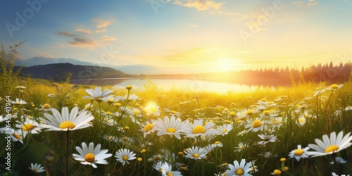 Beautiful summer nature background with yellow-white daisies. Clover and dandelion in the grass © sirisakboakaew
