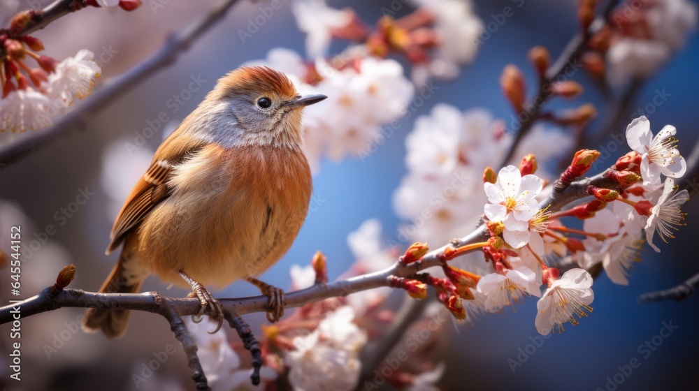 Fototapeta premium Delightfully beautiful nightingale bird on a flowering tree in spring.