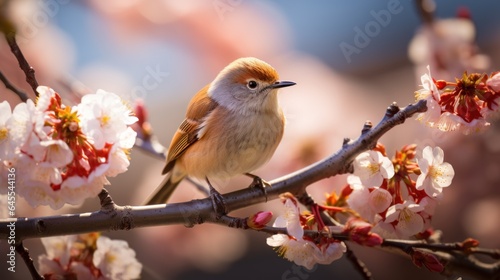 Delightfully beautiful nightingale bird on a flowering tree in spring.