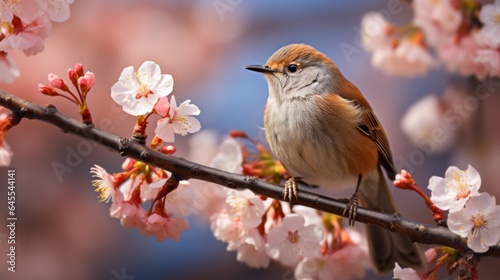Delightfully beautiful nightingale bird on a flowering tree in spring.