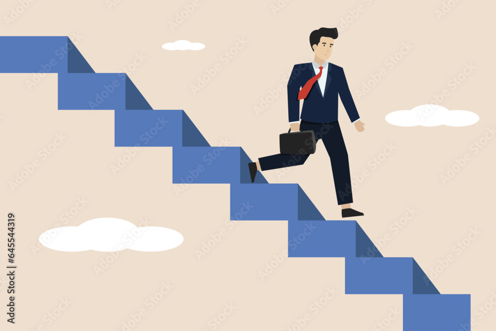 Business failure, work mistake, shame, bankruptcy or failed businessman concept, depressed businessman walking down the ladder of success. Successful businessman illustration.