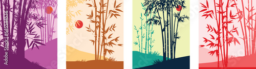 A set of poster of Bamboo Forest  park  alley. Landscape of isolated bamboo trees. A natural poster design template with bamboo trees of several colors.