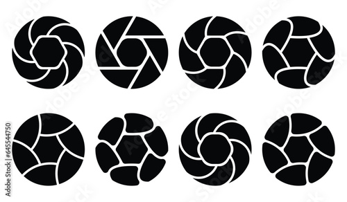 Camera shutter icons, diaphragm icon, photography symbol vector. Abstract photo lens, shutter lens, camera shutter and camera lens, photography symbol isolated on white background vector.
