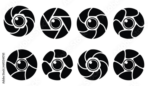 Camera shutter icons, diaphragm icon, photography symbol vector. Abstract photo lens, shutter lens, camera shutter and camera lens, photography symbol isolated on white background vector.
